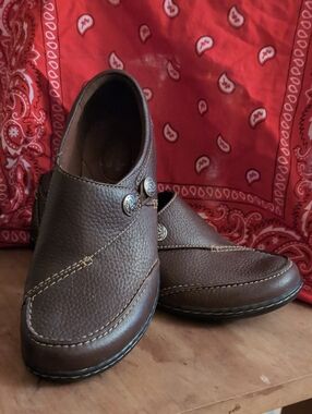 Clarks Brown Leather Slip-On Flats with Button Detail